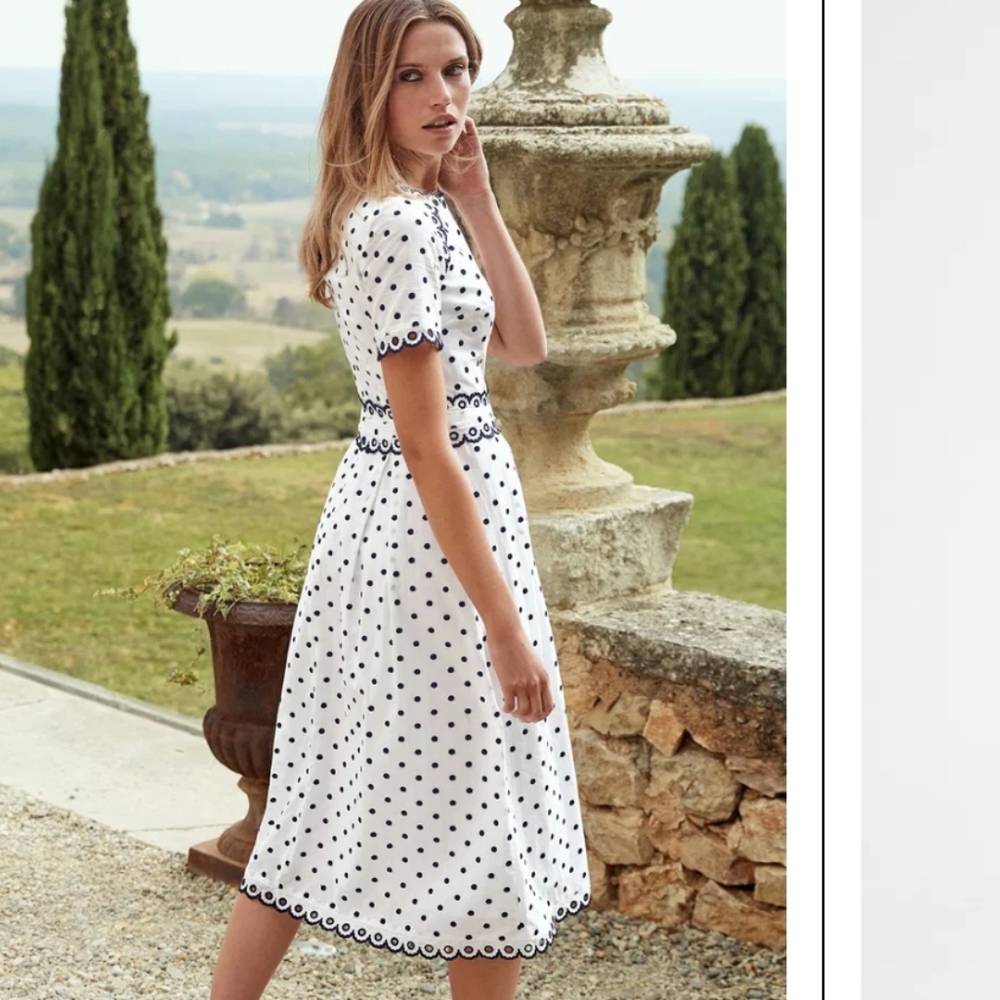 Boden White Midi Dress with Black Polka Dots